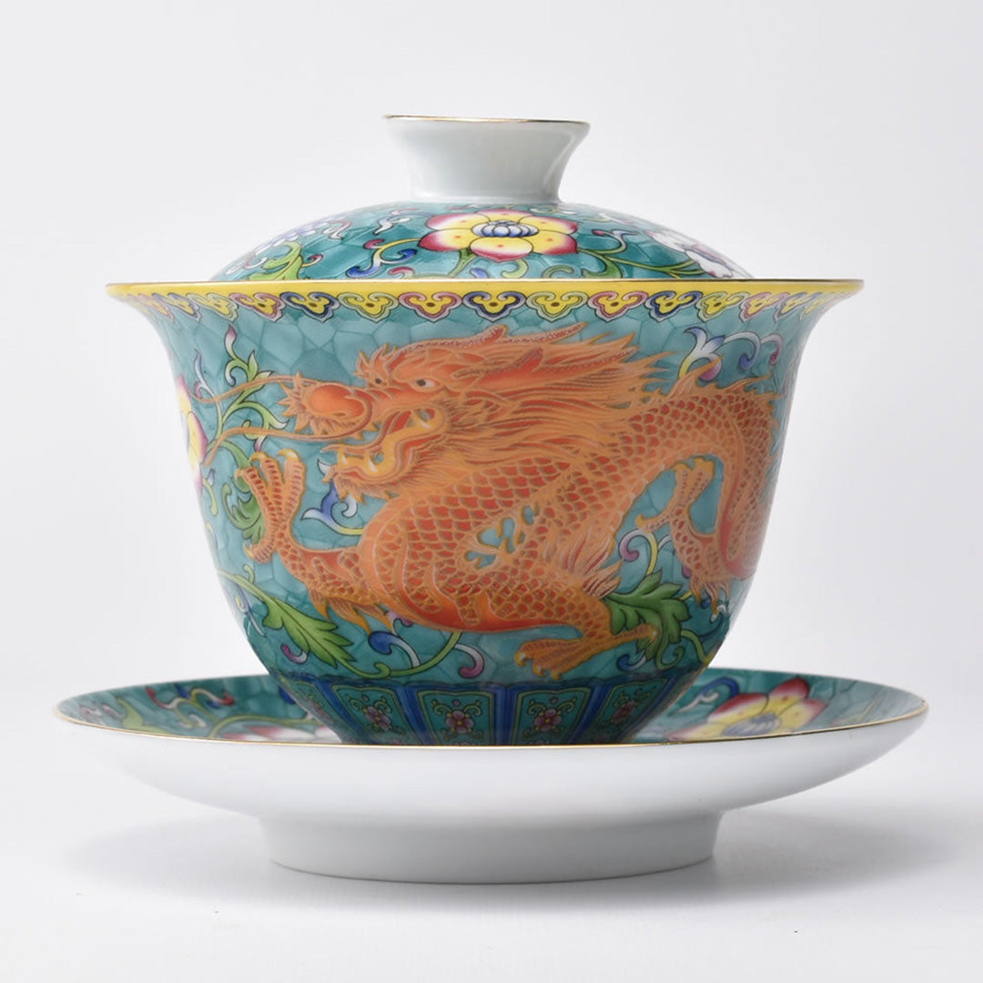 竜三才蓋碗 陶磁 茶器 茶碗 茶道具 香道具 装飾品 現代工芸品 〇茶器