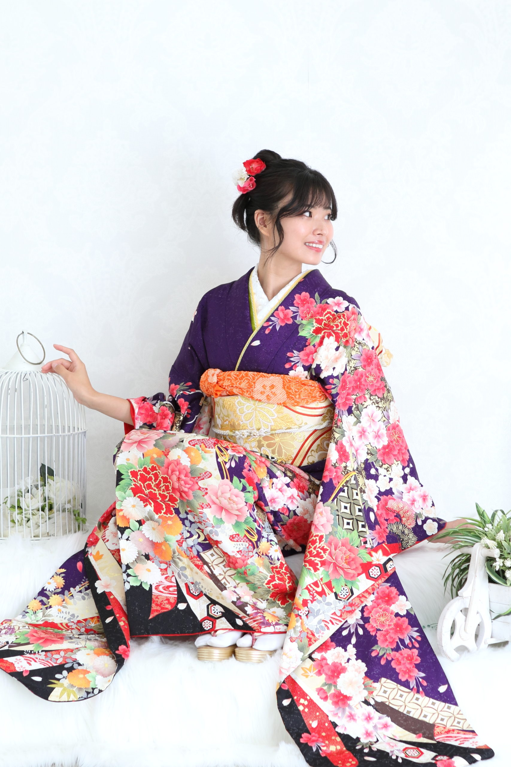 正絹】振袖 紫ラメ地 吉祥古典柄 （裄長） - まきやす - 豊川・豊橋・岡崎