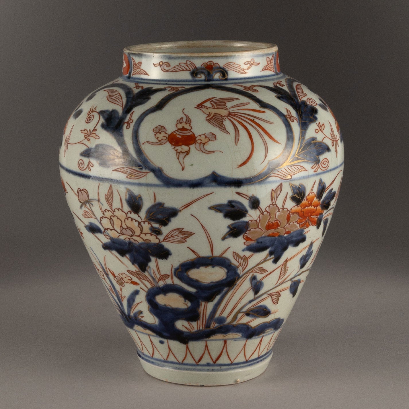 古伊万里文】古伊万里伝統 古伊万里文 極錦三方割鶴亀松梅鳳凰見込文