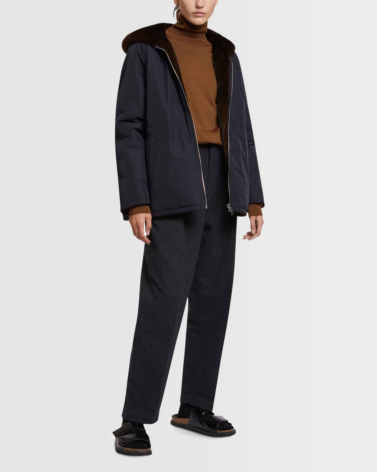 Hooded blouson in mink fur reversible technical fabric - navy