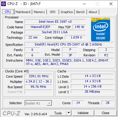 Intel Xeon E5 2697 v3 @ 3391.91 MHz - CPU-Z VALIDATOR