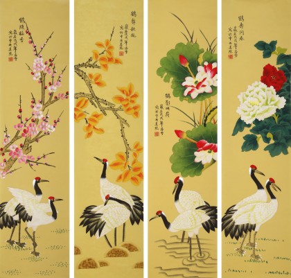 凌雪四条屏工笔国画《仙鹤》 - 花鸟画- 99字画网