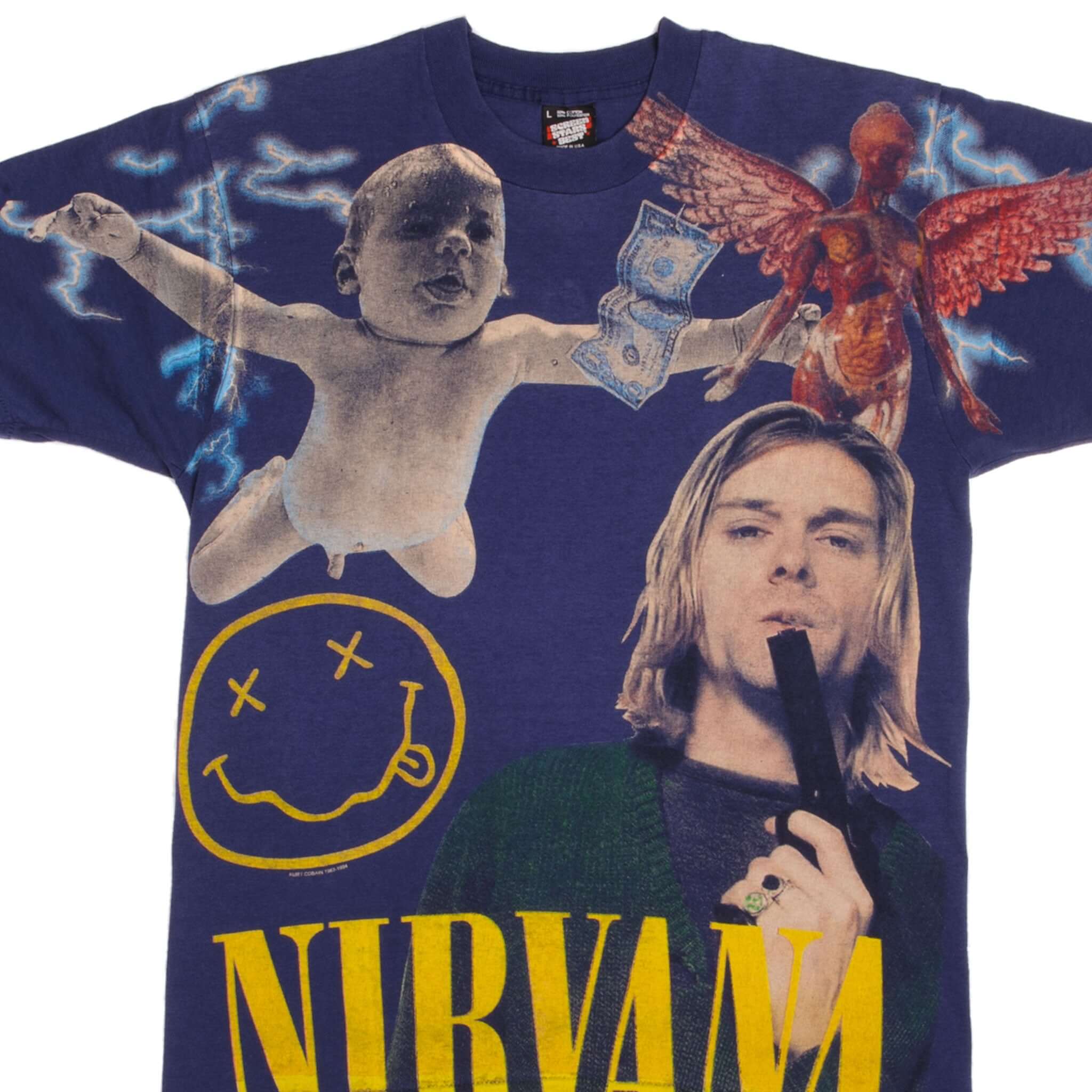 VINTAGE BOOTLEG ALL OVER PRINT NIRVANA KURT COBAIN 1994 TEE SHIRT LARG