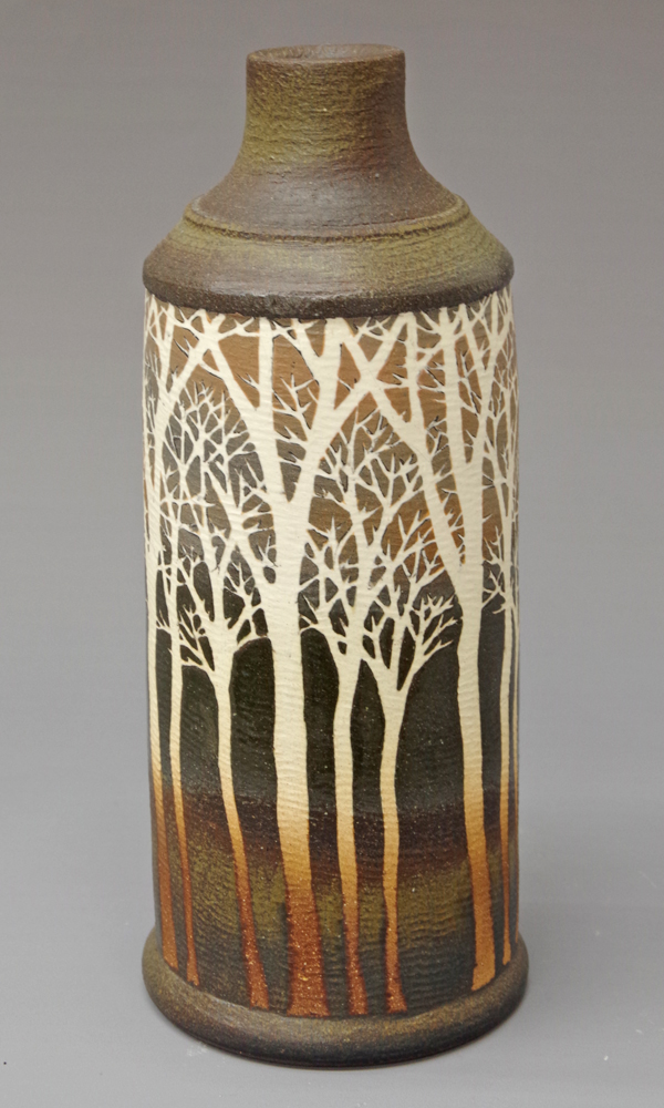 益子焼 佐伯守美 象嵌樹林文扁壺 共箱 佐伯守美 益子焼 象嵌樹林文扁壺