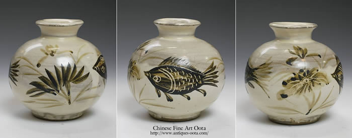 中国 磁州窯 魚蓮紋瓶 送料込み1213 中国 磁州窯 魚蓮紋瓶 送料込み