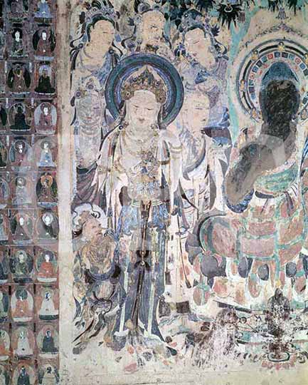 中国唐時代 敦煌莫高窟壁画 彩絵 人物像 発掘品 AK1733A10-4 中国