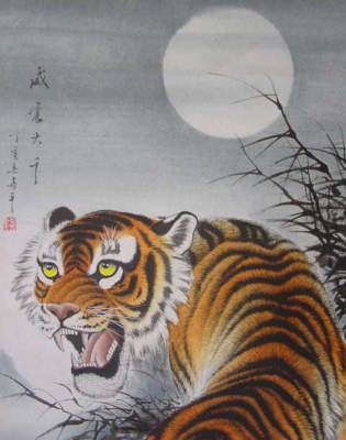 虎の掛軸 月と松の風景 とらの掛け軸 月下の猛虎/中国高級掛け軸専門店