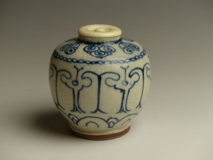 安南 染付 絞手 阿古陀形 茶入 茶道具 合せ箱 茶道具 - 安南 安南染付