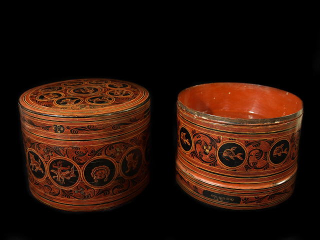 茶道具 朱漆 キンマ 蒟醤 ミャンマー漆器 ビルマ 籃胎漆器 香合 棗