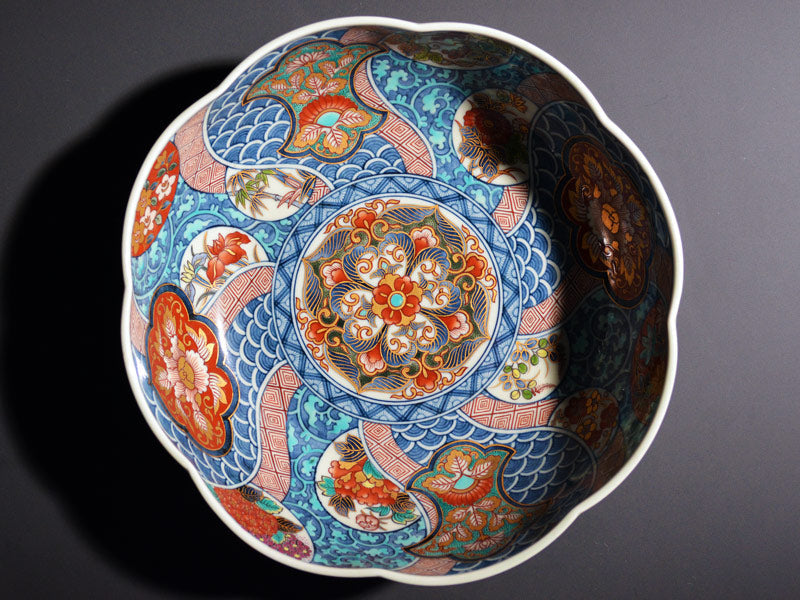 古伊万里 金襴手 窓絵 牡丹の図 輪花鉢 菓子鉢 E900AS-CUq 古伊万里