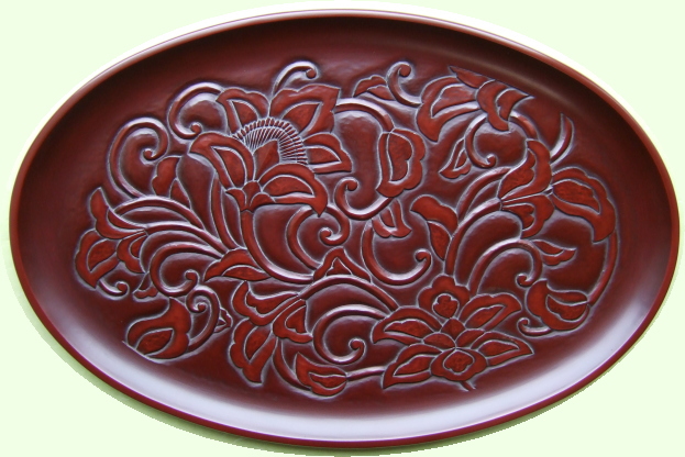 鳳凰彫刻 赤い漆器の盆 鎌倉彫 鳳凰彫刻 赤い漆器の盆 鎌倉彫 鎌倉彫