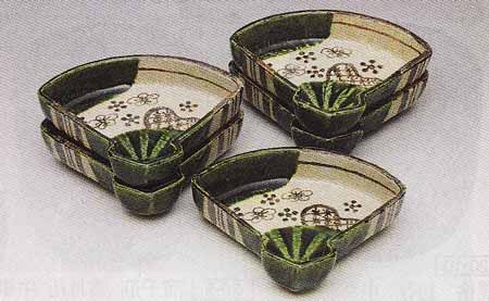 織部 扇面 向付 5客 瀧口喜兵爾 作 箱無し 未使用 織部 扇面 向付 5客