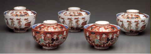 NO.14伊萬里色絵蘭人蘭船図蓋付茶碗五客