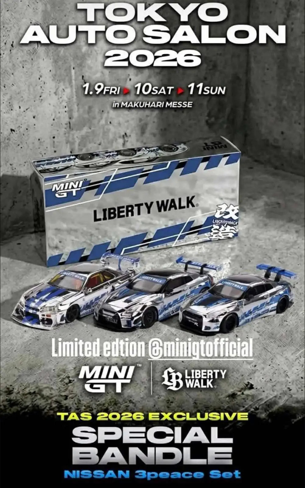 Mini GT x Liberty Walk TAS 2026 Exclusive Nissan 3-Piece Set