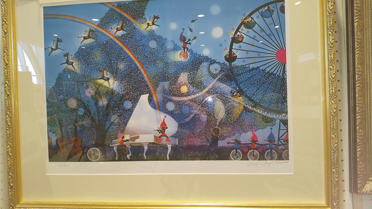 藤城清治「風の中の白いピアノ」セリグラフ版画・「猫と少女