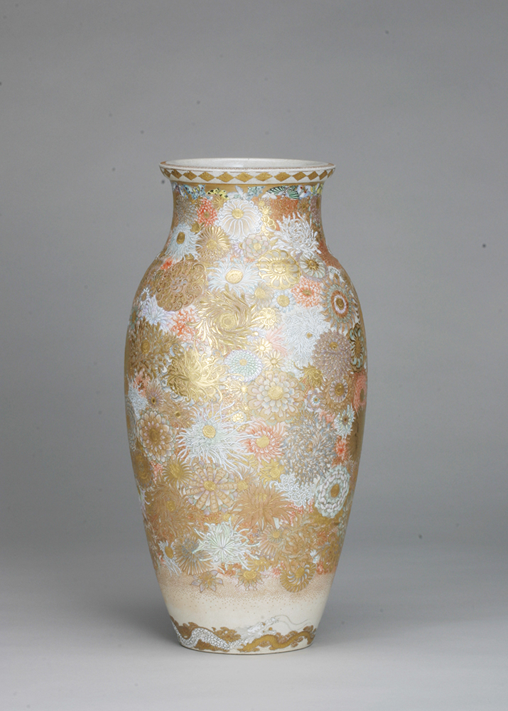 薩摩 鶴首菊図花瓶 金襴手 錦正 共箱 R1484ダN 薩摩 鶴首菊図花瓶 金襴