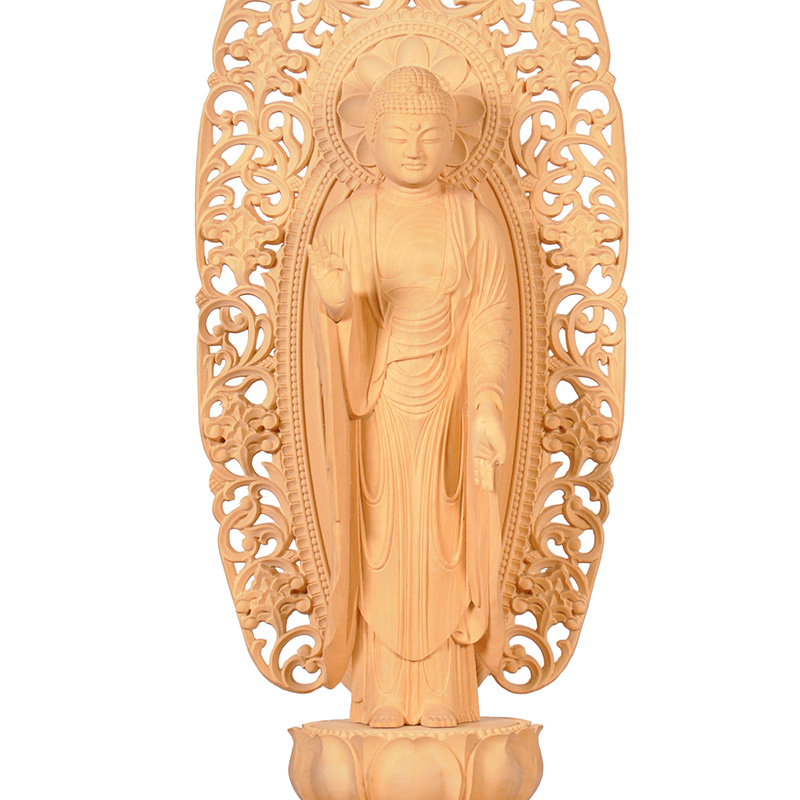 柘植 最上彫 大仏座八角台座 唐草光背 舟立弥陀 4.5寸台付 | 盛岡