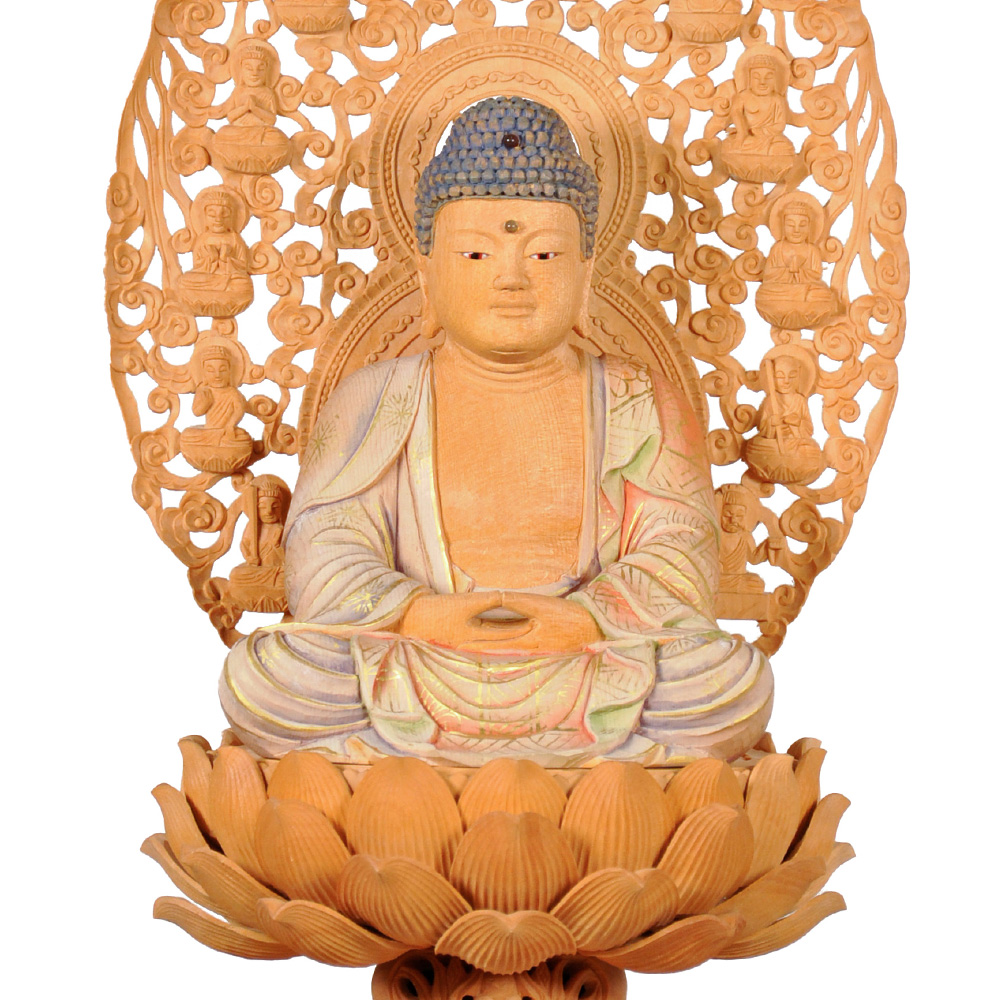 本柘植 金剛蓮華台座（手彫）十三仏光背（一枚材手彫） 白木 釈迦如来