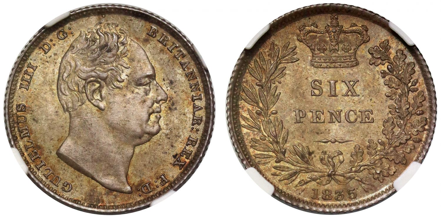 William IV 1835 Sixpence, bare head, high NGC grade MS65