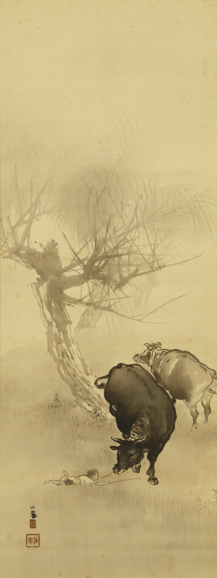 真作⁄四田観水⁄牧童之図⁄牛図⁄横物⁄掛軸⁄名家伝来 真作⁄四田観水 真作