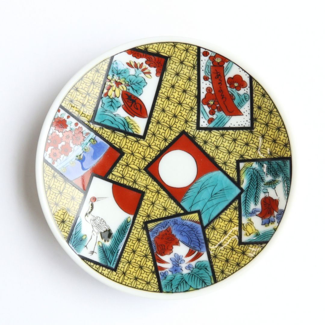 新品②◇古九谷 中島珠光作 多色花模様の円形皿 木