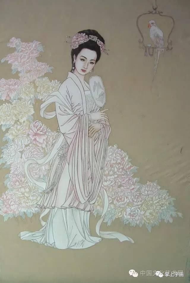 中国古美術・仕女図三尺画芯・純手描き・工筆・彩色画・仇英印款・書道