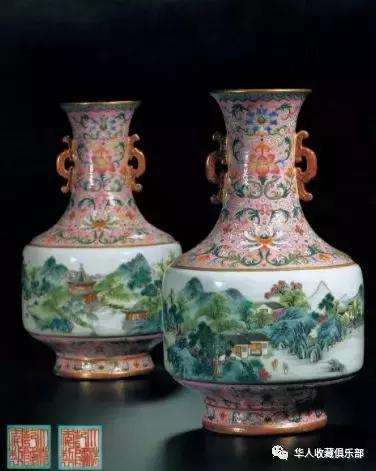 乾隆年製 粉彩 色絵 双耳 花卉人物瓶。年代物 民国乾隆款粉彩开光人物