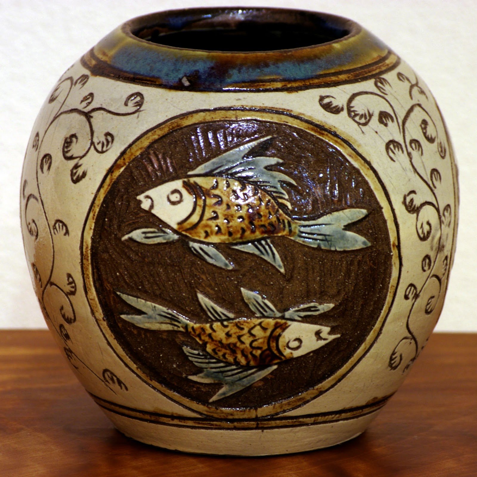 琉球 沖縄 壺屋焼 【故】島袋常明作 エジプト紋壺 やちむん ヤチムン 民芸