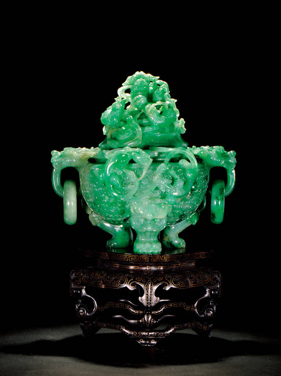 夏HQ】中国美術 玉石岫玉彫刻 雙耳活環 龍鈕蓋爐