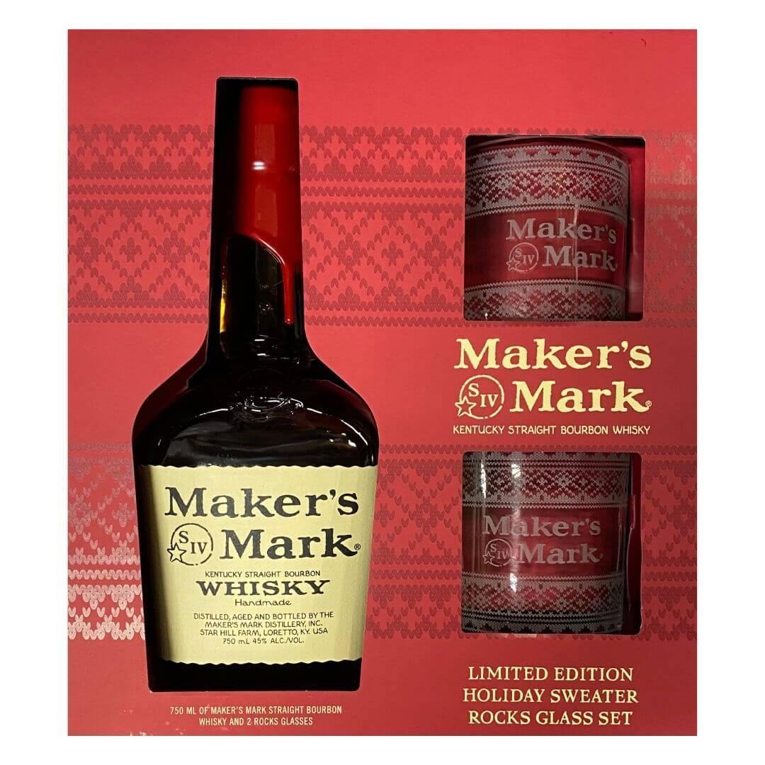 Maker's Mark Bourbon Whiskey W/ 2 Holliday Sweater Rocks Glass Set