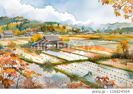 水彩画・風景画・秋の風景・自筆 11月水彩色鉛筆風景画コース「紅の道