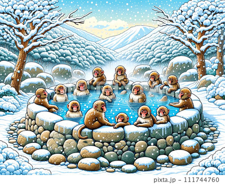 露天風呂に入っている日本の野生の猿のイラスト。スノーモンキーが雪の