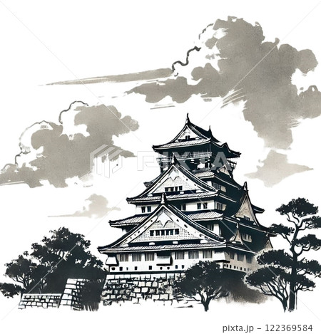 水墨画 日本の伝統的な建物自作 白い背景に日本の伝統的な建物。 墨絵