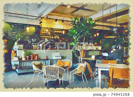 カフェの風景 油彩画