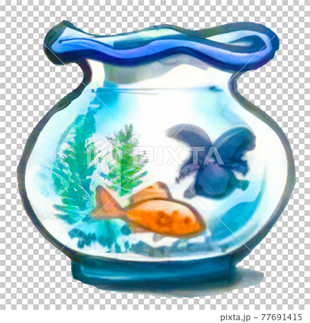 手描き風のシンプルな金魚鉢の中で泳いでいる金魚のイラストのイラスト
