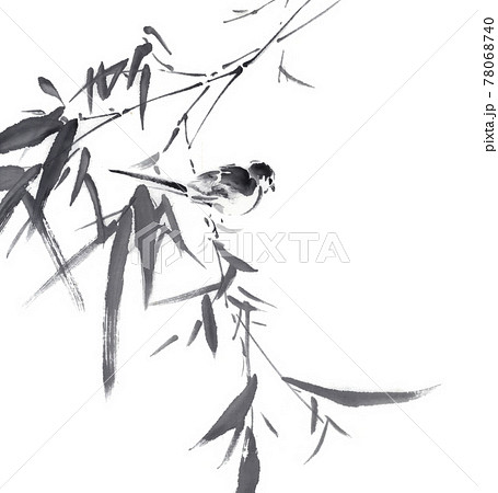 水墨画 鳥と木の根元 Sumi-e: A small bird perching on a chestnut