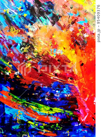 赤と青と黄色とオレンジと水色のダイナミックな芸術的な手描きの抽象画