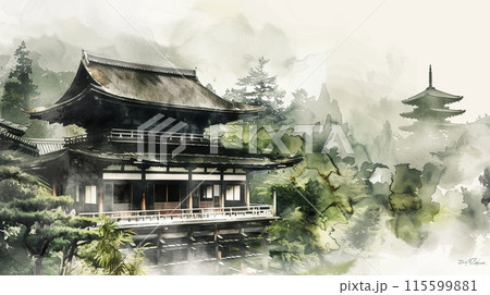 水墨画 ボタンと梅の寺の風景の絵