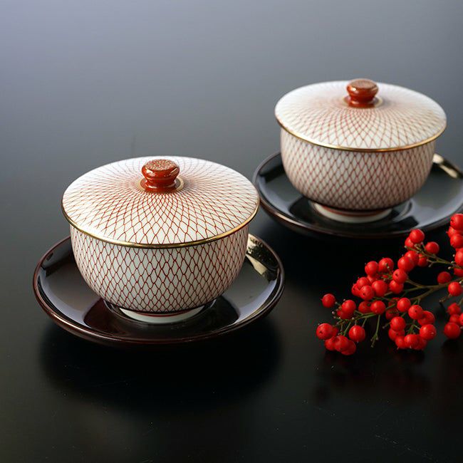 SALE 【九谷焼SALE】赤網 蓋付二客碗〈2客〉 |皿や鉢など和食器の通販