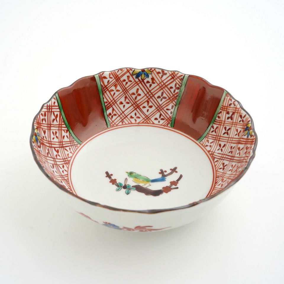 九谷焼 赤絵 鉢 手描き 人物 花鳥図 窓絵 明治 大正ロマン 和骨董