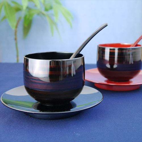 越前塗/越前漆器/山崎漆器/彩波椀・皿ペア スプーンセット/白檀/椀Φ9