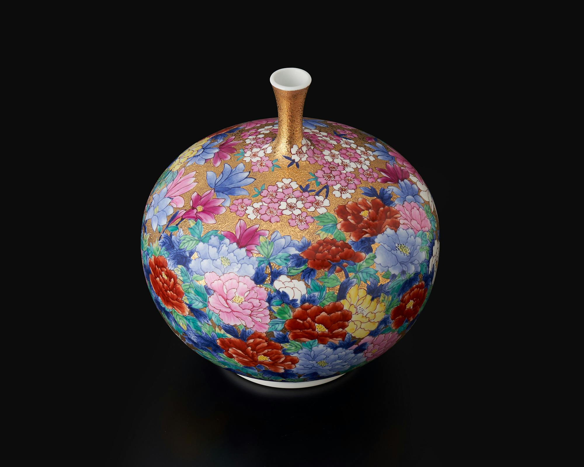 R106 彩色蒔金緑釉花鳥五稜梅瓶 花瓶（かびん）陶磁器 アンティーク 五彩