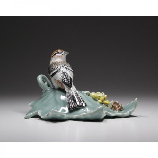 二代 真葛香山 『真葛窯絲瓜鵙ニ蛙置物』 宮川香山 共箱 銘有 - 瀧屋