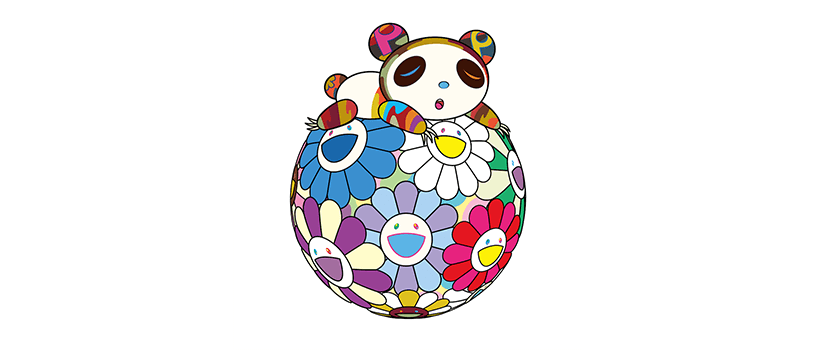 村上隆 版画 お花の玉に抱きついている子供のパンダ。 お花の玉の上で