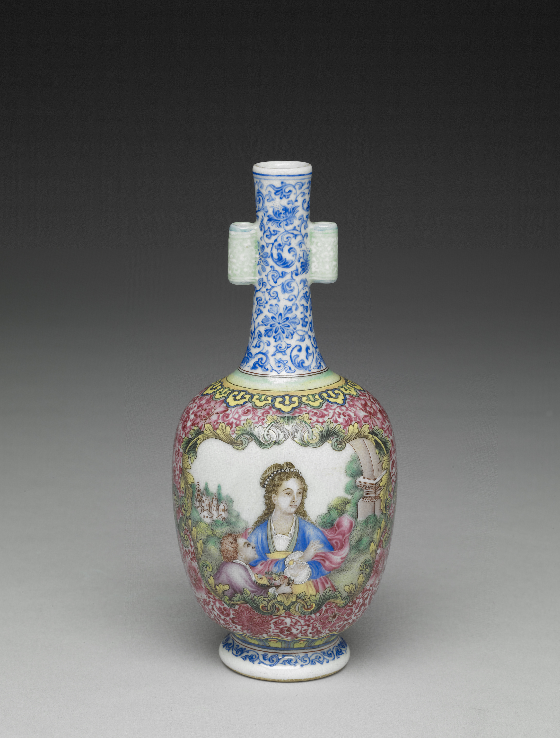 清 大清乾隆年製 粉彩色絵『山水風景人物漢詩文』飾壺