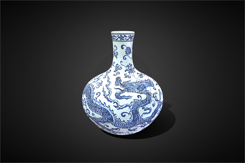 中国古美術✦内府紋 白釉 浮雕 双面龍紋 抱月扁瓶✦置物・書道品