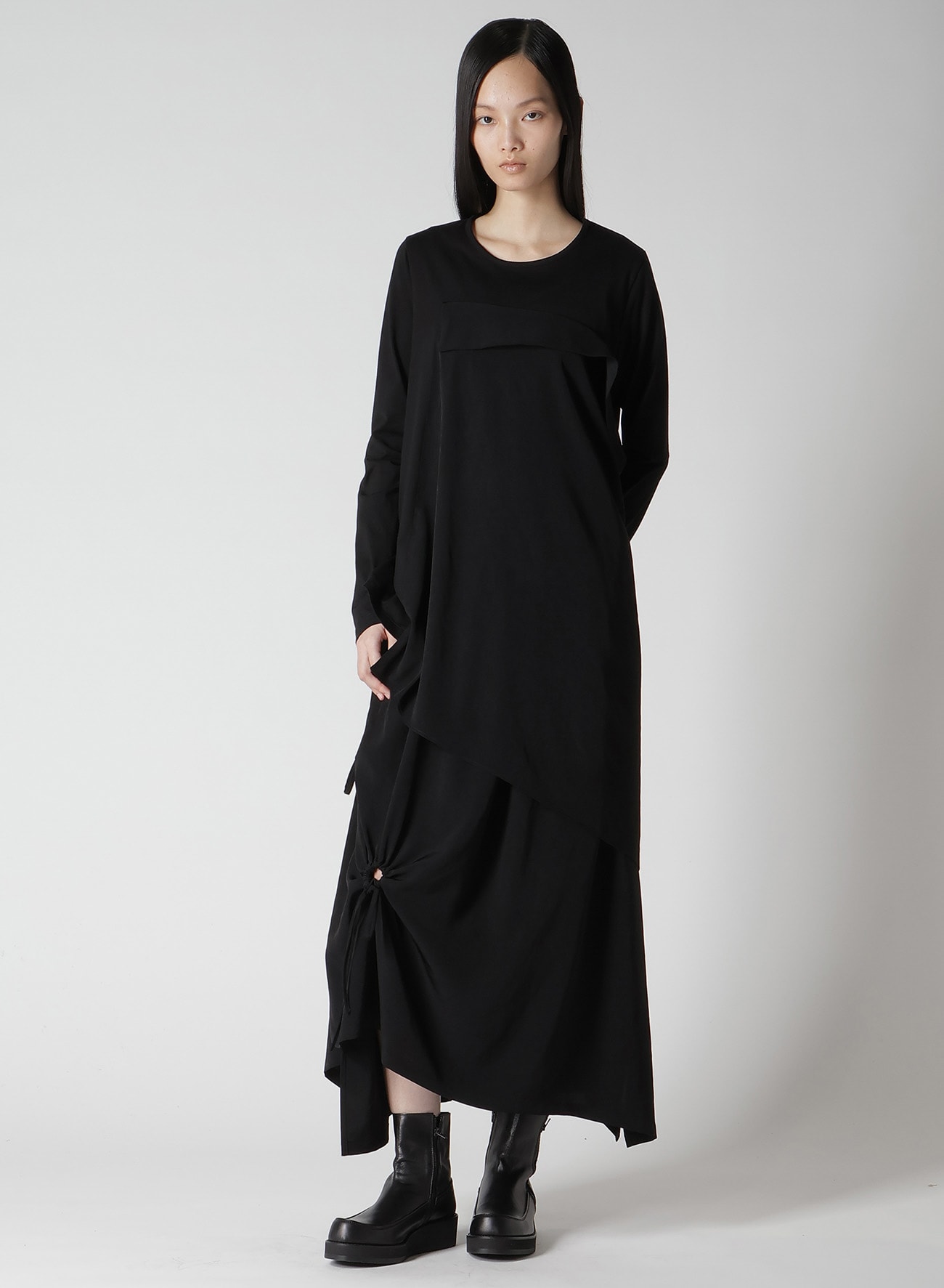 CREPE de CHINE/COTTON JERSEY COMBINATION LONG SLEEEVE T(S Black x