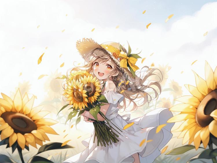 ひまわりと麦わら帽子の少女イラスト - No: 24129080｜無料イラスト