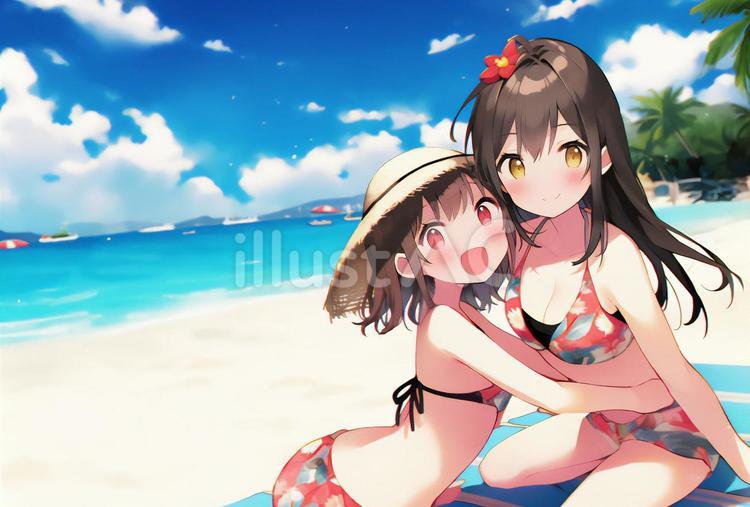 ビーチと水着の姉妹イラスト - No: 24065385｜無料イラスト・フリー