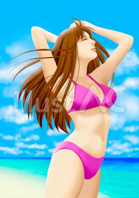 ビキニ姿の女性 ビーチの背景イラスト - No: 2560866｜無料イラスト